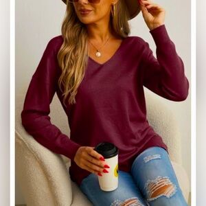 GRECERELLE Women's V-Neck Long Sleeve Side Split  Knit Pullover Sweater size L